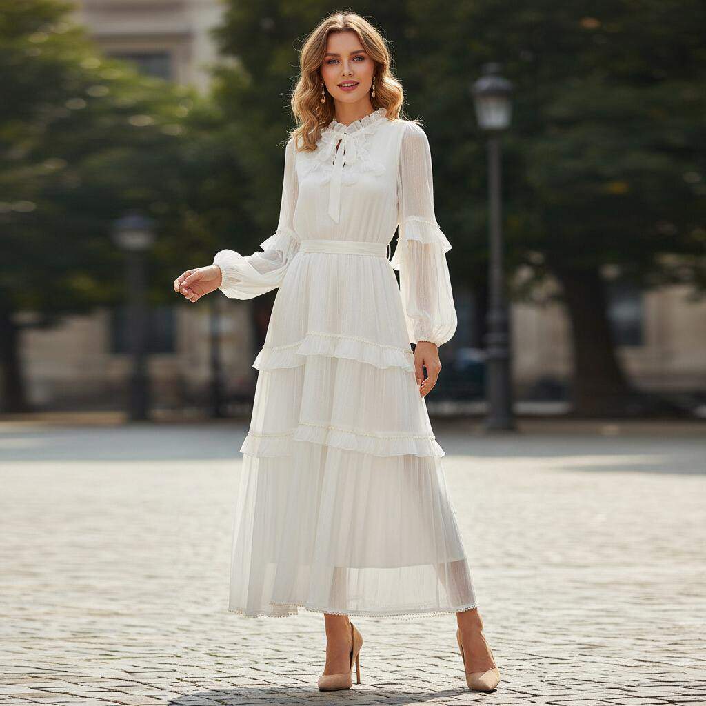 度假风花边系带立领多层珍珠荷叶边大摆型纯色长款连衣裙高腰