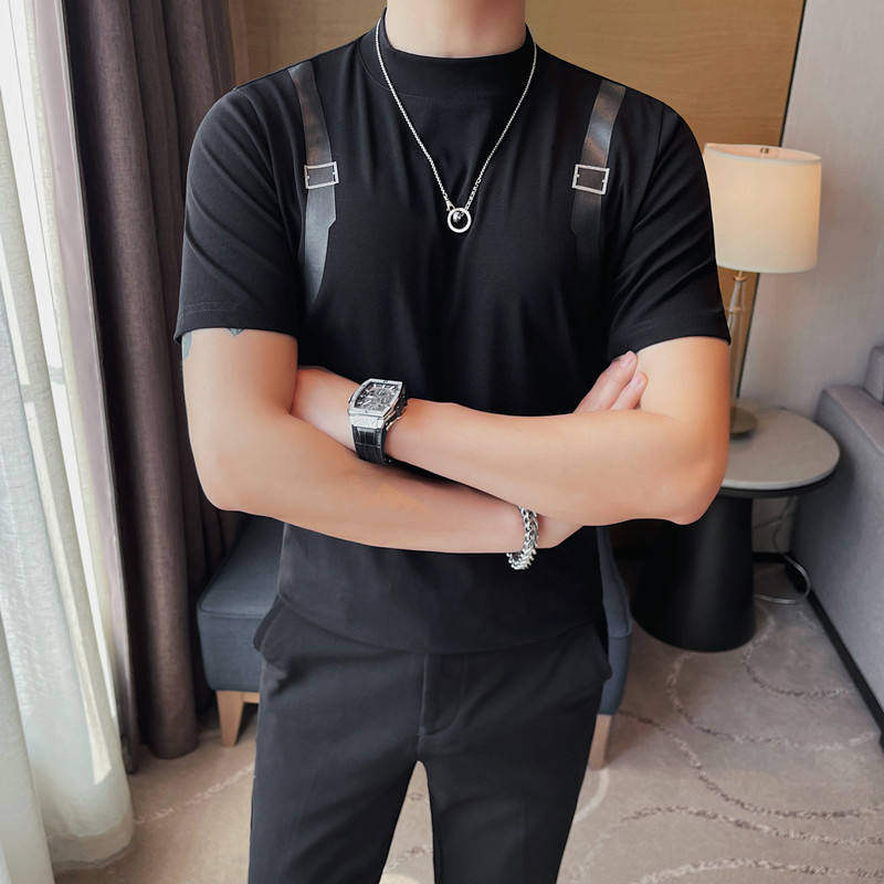 新款爆款潮人穿搭男士T恤个性肩带印花小圆领弹力短袖t恤衫纯色棉