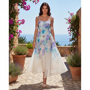 现货夏花卉印花吊带鱼骨收腰仙女连衣裙旅游度假裙子女中腰麻