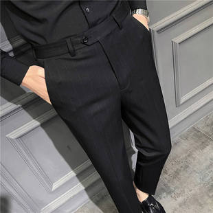 修身 小直筒裤 子口袋装 男士 饰 裤 韩版 男式 新款 商务休闲条纹西裤