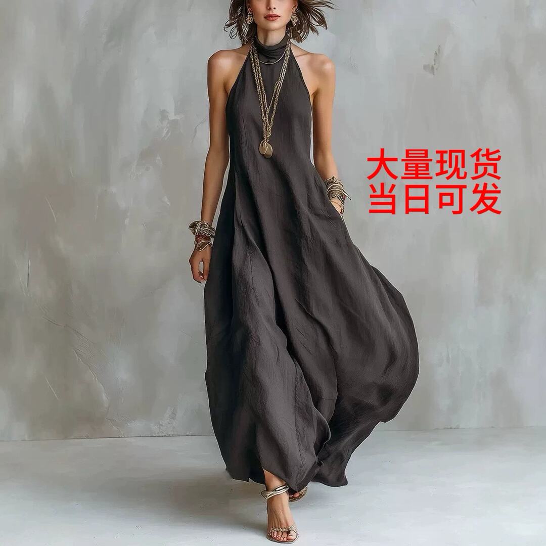 新款亚马逊2026夏季波西米亚风露肩宽松长裙女气质飘逸挂脖连衣裙