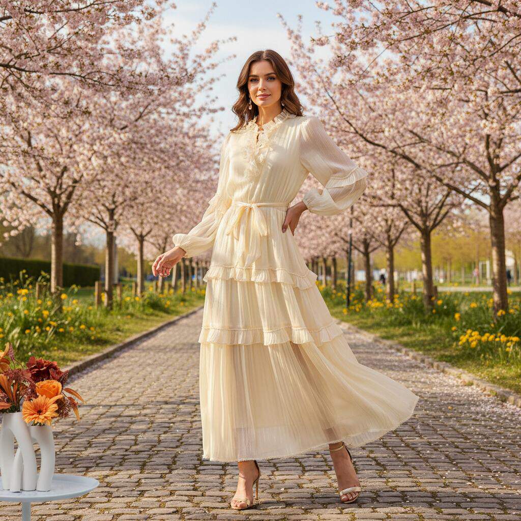 2026度假风花边系带立领多层珍珠荷叶边大摆型长款连衣裙8色高腰