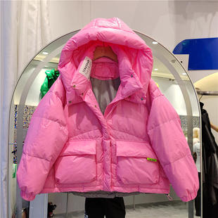 秋冬羽绒服女短款连帽立领彩色面包服加厚亮皮外套潮公主风