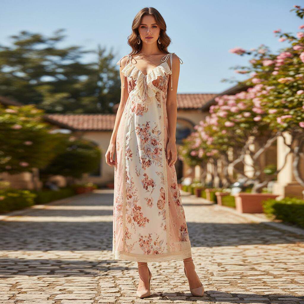 新款2026小众设计度假泳衣拼接印花蕾丝饰边吊带连衣裙女现货