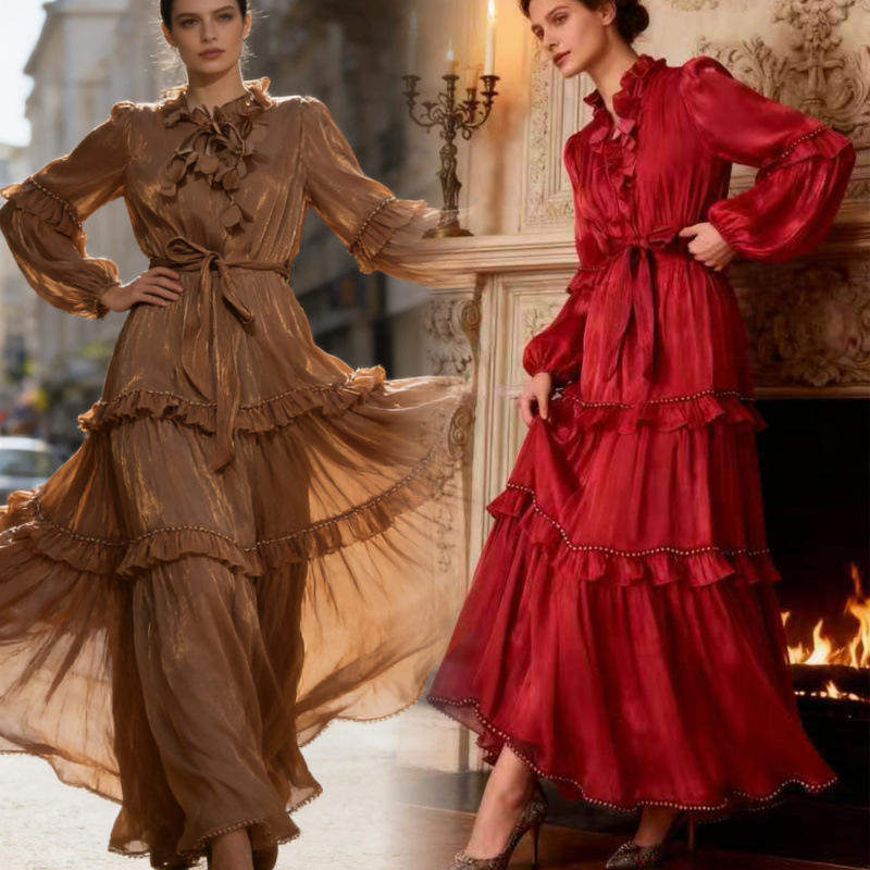 欧美风情度假风花边系带立领多层珍珠荷叶边大摆型纯色长款连衣裙