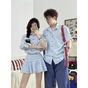 T恤 裙蓝白条纹连衣裙荷叶边百褶裙情侣装 2025翻领中袖 收腰衬衫