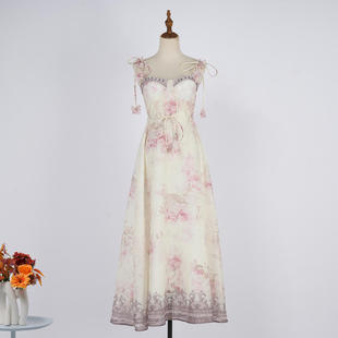 新款2025现货夏花卉印花吊带鱼骨收腰仙女连衣裙旅游度假裙子