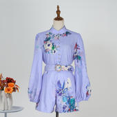 套装 上衣多色褶饰细节短裤 配腰带 现货2025半高领灯笼袖 新款