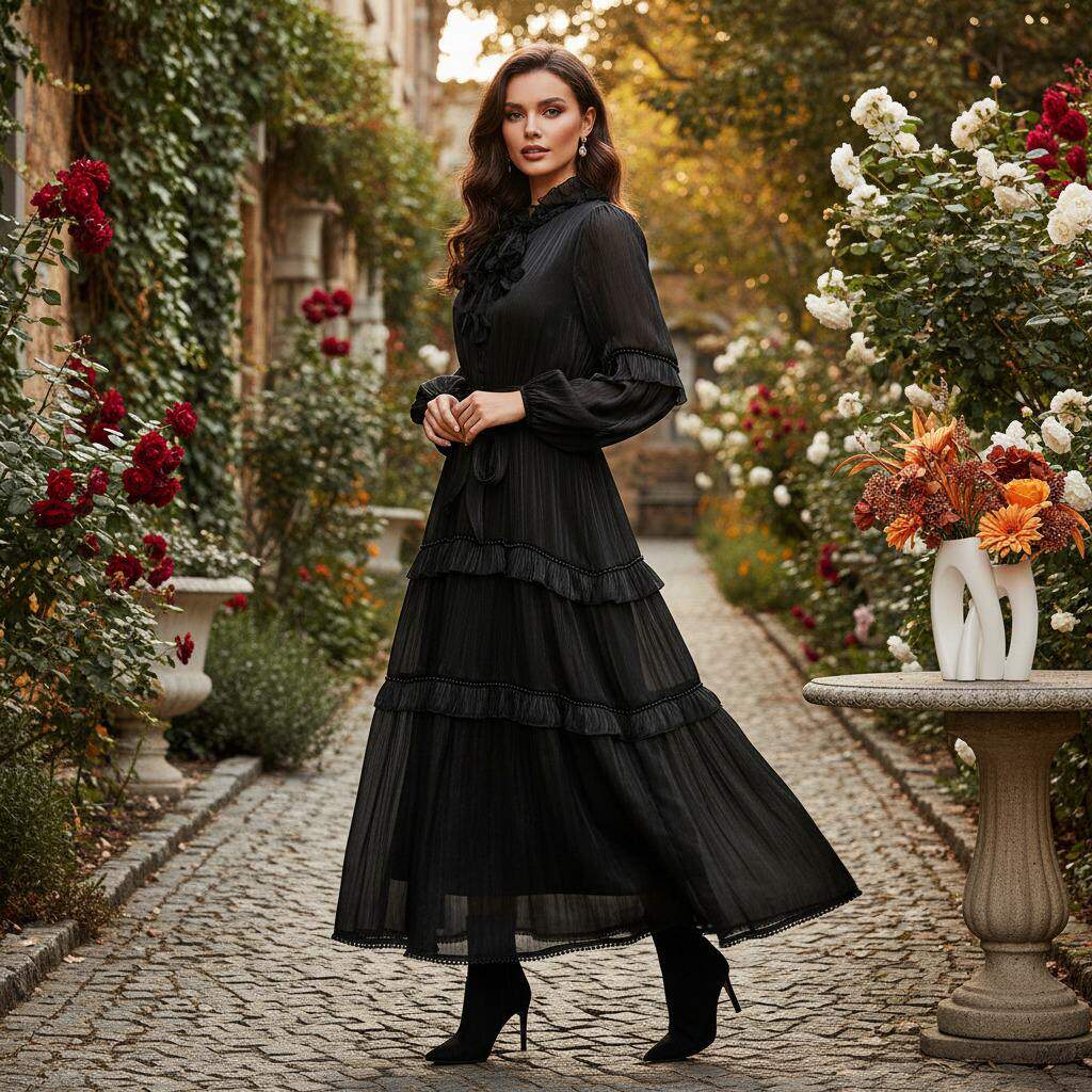 新款度假风花边系带立领多层珍珠荷叶边大摆型纯色长款连衣裙 8色