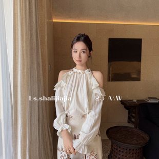 挂脖露肩精致温柔气质上衣小衫 25早秋上新小女人长袖