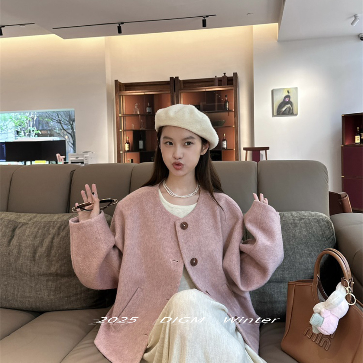 韩版时尚简约百搭通勤圆领宽松显瘦羊毛短外套30%羊毛加厚夹棉)
