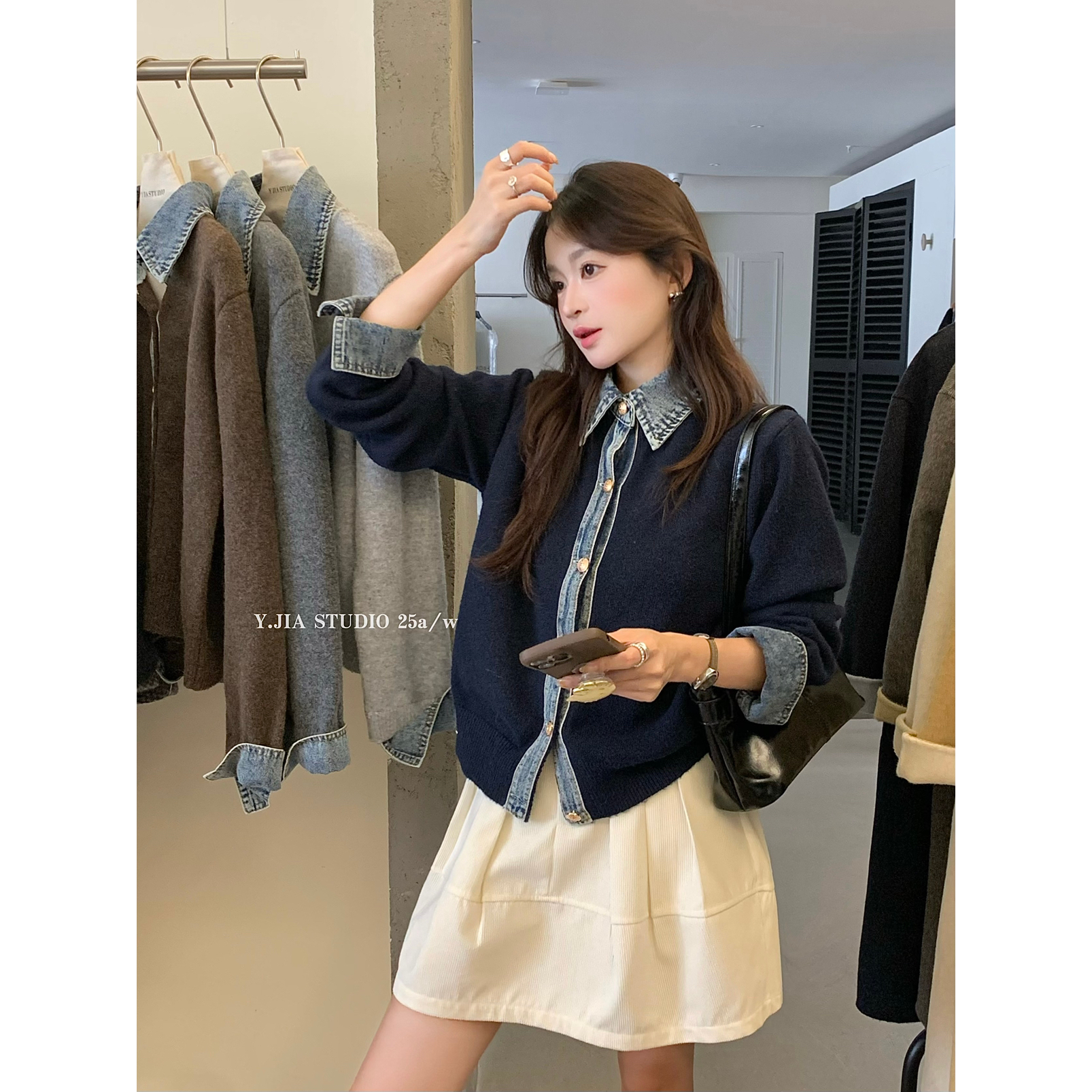 韩版时髦牛仔拼接宽松撞色假两件翻领毛衣针织衫