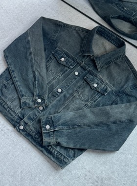 【KEBUSI】高品质水洗做旧脏染炒球雪花牛仔夹克短宽boxy男#Y025