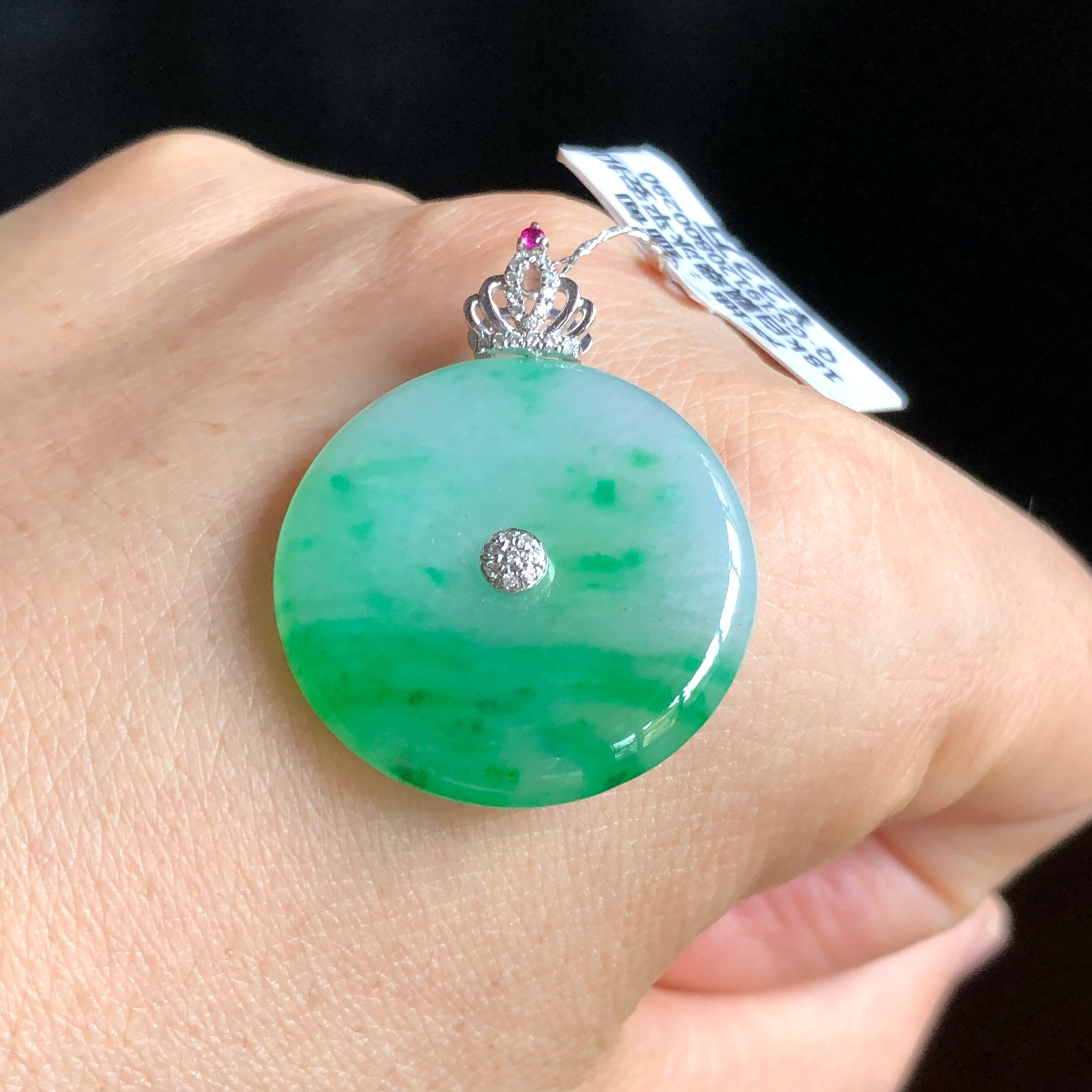 天然翡翠a货老坑冰种18k金镶嵌翠绿飘花平安扣吊坠玉石挂件女q581
