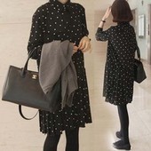 雪纺连衣裙衬衫 百褶打底裙 领百搭中长款 韩版 2019秋装 宽松波点长袖