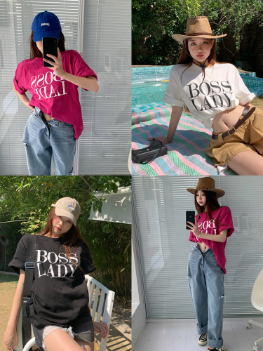 Spring new casual crew neck loose letter print versatile shoulder pad short sleeve T-shirt