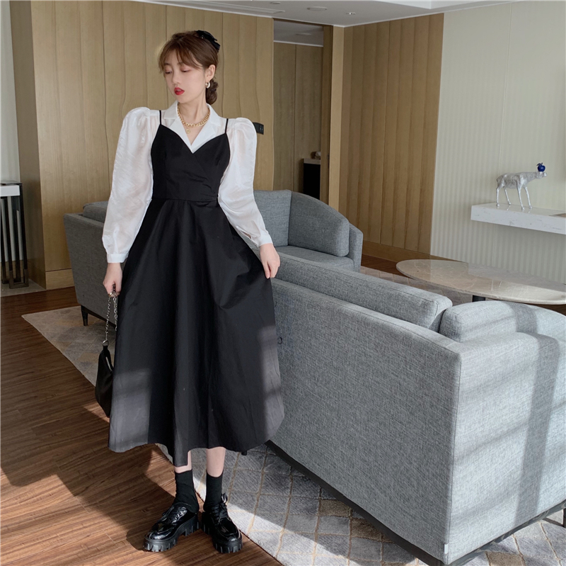 French Chic bubble shoulder shirt + bow tie suspender skirt