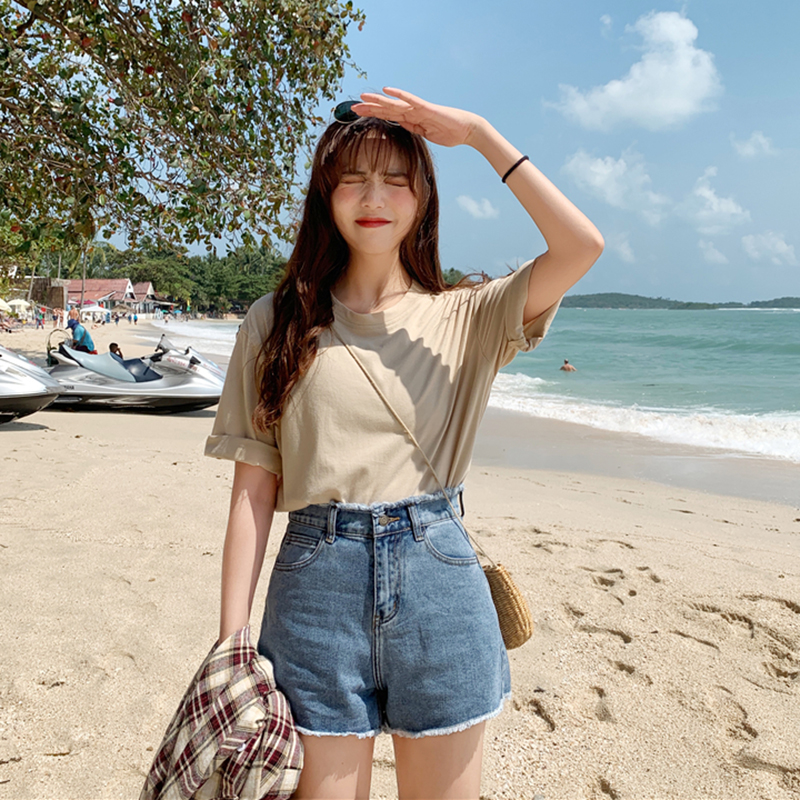 Real shot solid color short sleeve T-shirt women's spring and summer 2019 new style with Korean version loose bottoming top trend