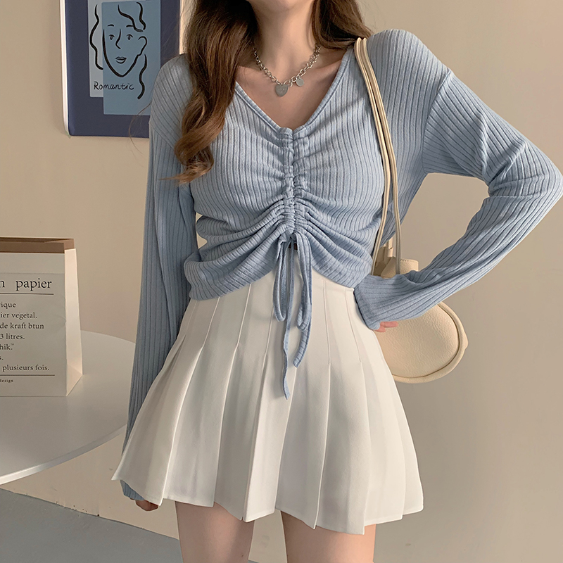 Real shot Korean version ins pleated drawstring open navel T-shirt slim V-neck versatile long sleeve