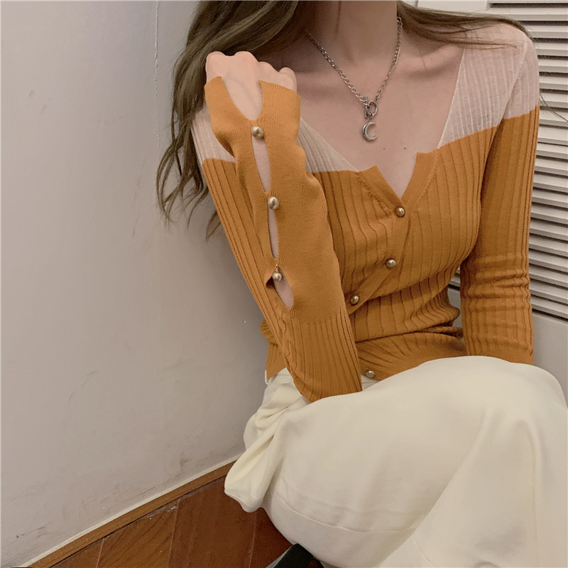 Real shot foreign chic design color matching knitted cardigan slim fit versatile long sleeve top