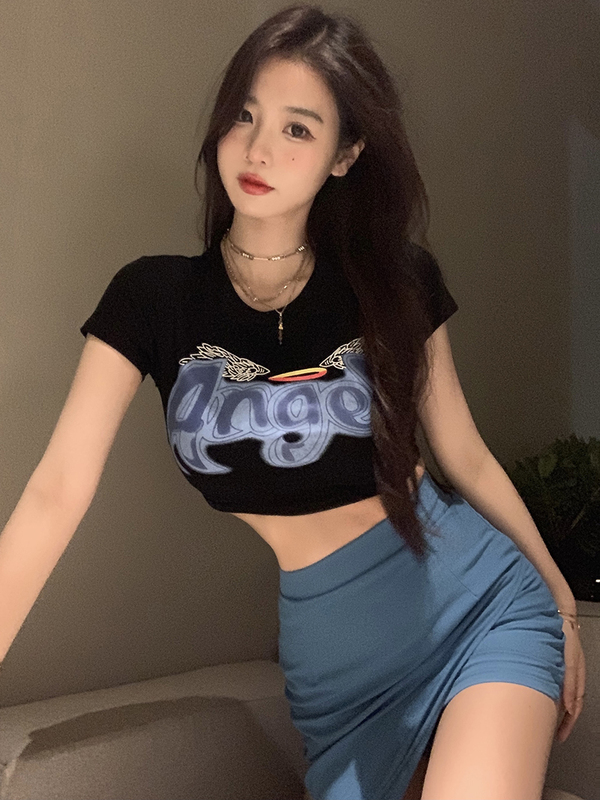 Real shot foreign style short letter T-shirt + slim sexy irregular skirt suit