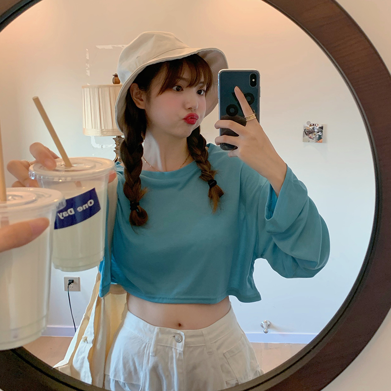 Real shot new super fire loose open navel sunscreen shirt long sleeve slim off shoulder T-shirt