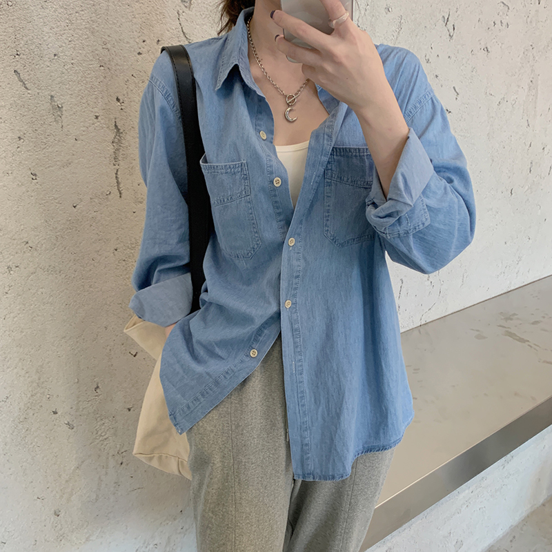 Real shot Korean chic retro loose cardigan with versatile design of Hong Kong flavor denim top