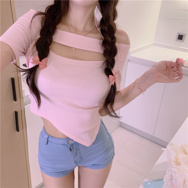Real photo foreign style hanging neck knitwear 2021 new care machine irregular slim jacket