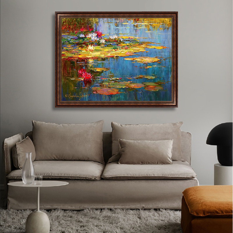 莫奈睡莲挂画美式餐厅装饰画世界名画客厅玄关背景墙欧式温馨壁画