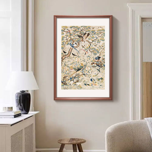 法式复古客厅装饰画玄关中古风壁画新中式实木框花鸟刺绣餐厅挂画