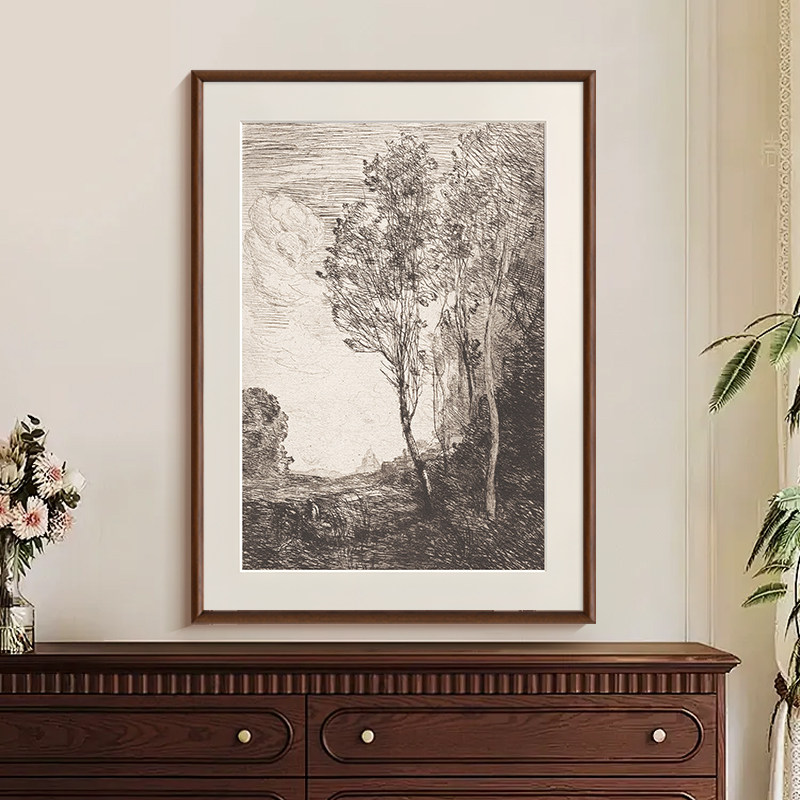 法式中古风素描风景客厅沙发挂画复古玄关书房装饰画餐厅边柜壁画