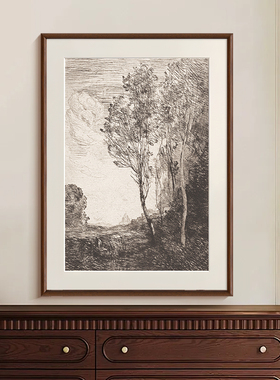 中古风素描风景客厅沙发挂画