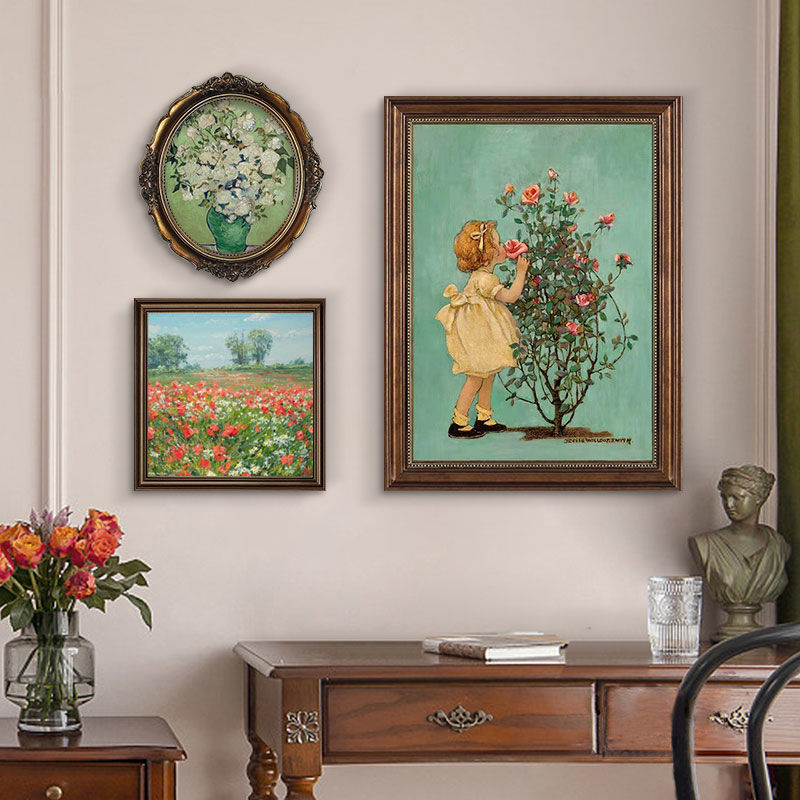 美式复古客厅装饰画欧式沙发背景墙画餐厅高级感组合玫瑰女孩挂画