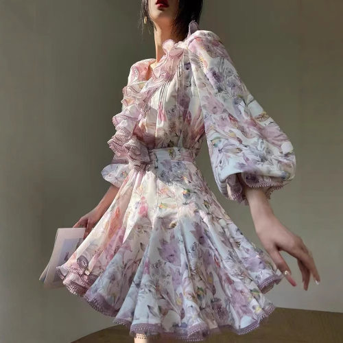 十三行新款印花上衣木耳边衬衣气质花边a字半裙套装裙度假仙女裙