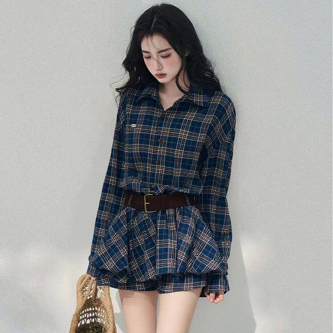 【雨痕漫窗格】美式polo领格子连衣裙女春衬衫裙短裙套装三件套