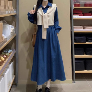 茶歇磨毛连衣裙套装 学院风设计感马甲上衣灯芯绒裙 初秋款 大码