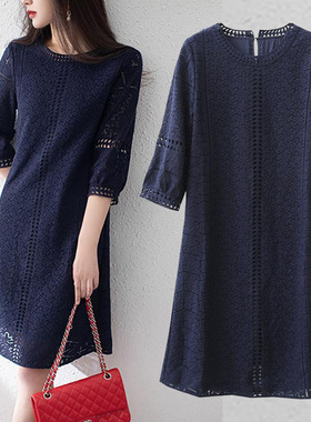 2024新款蕾丝茵姿提连衣裙宽松气质镂空七分袖直筒裙赫本风裙子