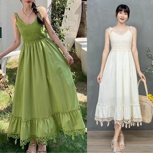 波西米亚绿色镂空吊带连衣裙女春秋流苏穿搭海边度假风长裙长款 长