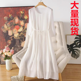 白色真丝桑蚕丝连衣裙2025春季女士系带中长款双绉100蚕桑丝A字裙