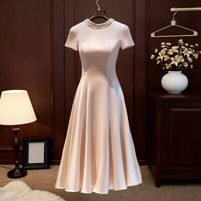 FL240385夏款超好看气场强大御姐风气质粉色收腰小香风连衣裙子女