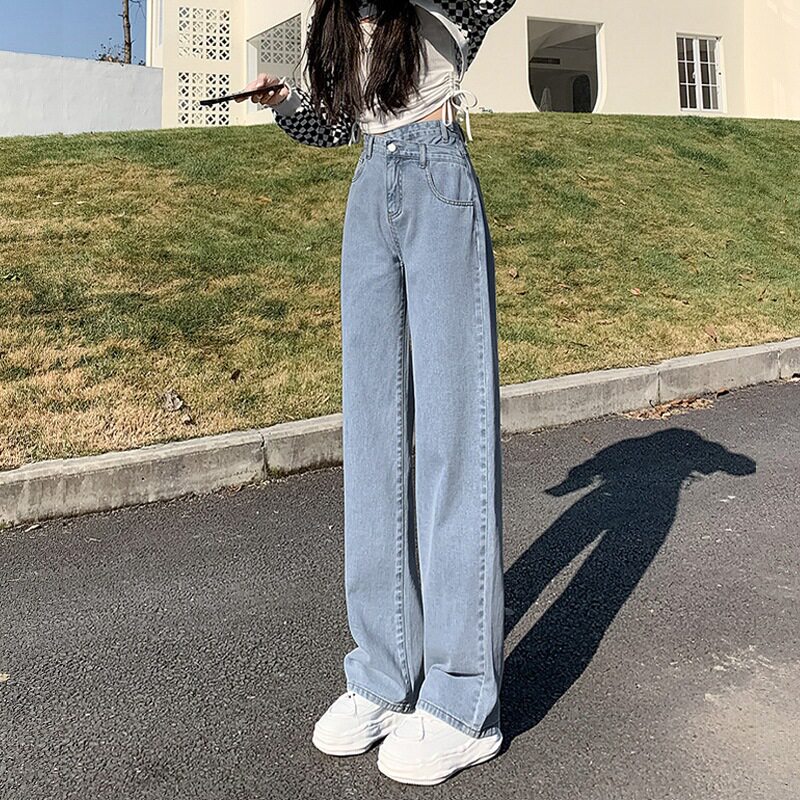 不规则交叉高腰宽松牛仔裤女直筒牛仔裤