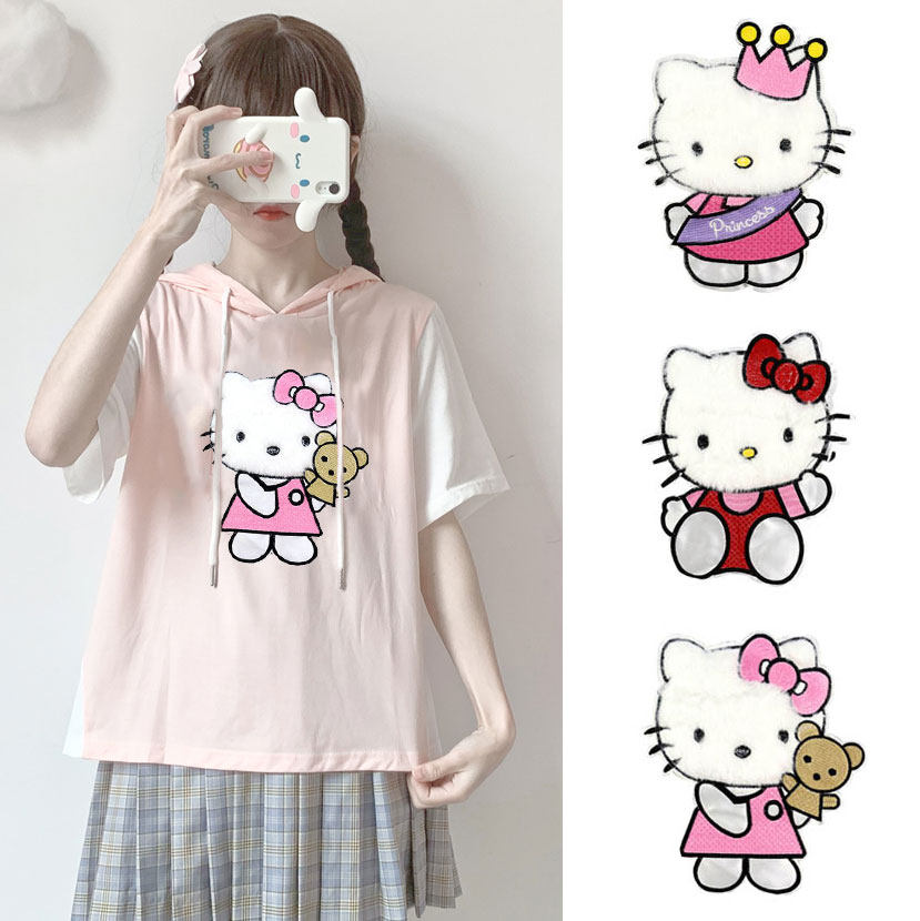 diy卡通可爱凯蒂猫毛绒布贴图案大号儿童卫衣毛衣书包装饰补丁贴