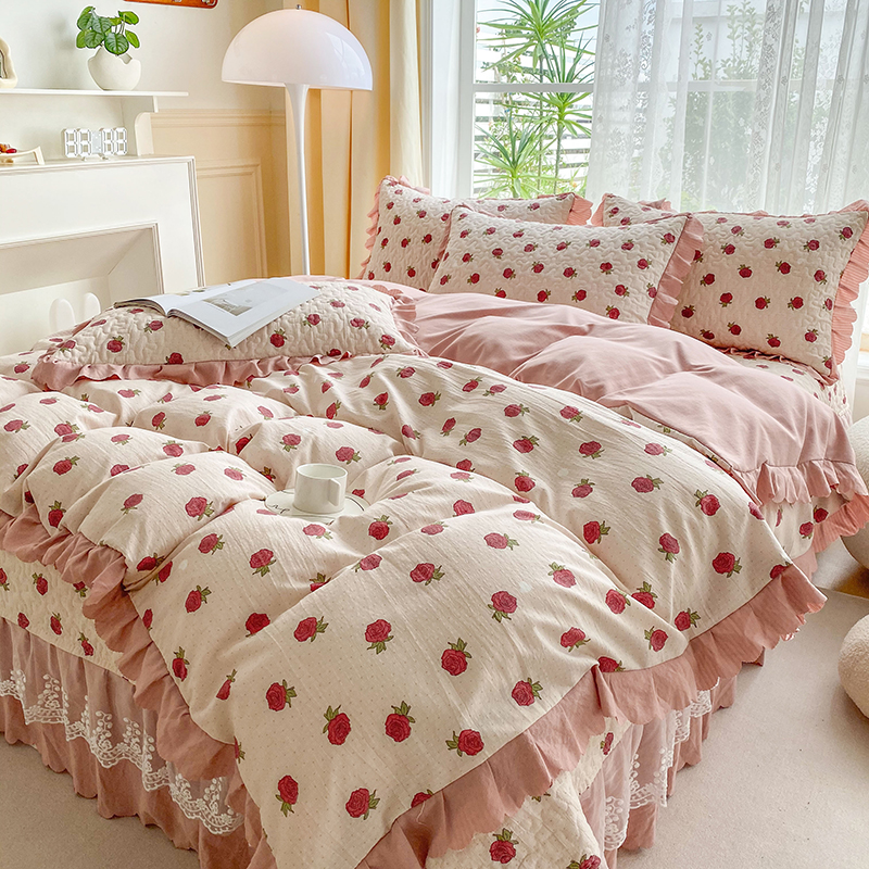 韩版夹棉床盖款四件套纯棉公主风被套少女心加厚床单防滑全棉床罩
