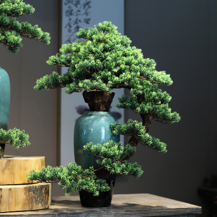 新中式 盆栽陶瓷花瓶玄关桌茶室 仿真迎客松盆景绿植禅意摆件悬崖式