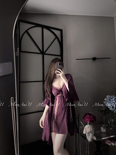 Moon And U【紫色迷情】明艳御姐性感缎面镂空蕾丝睡裙睡袍套装