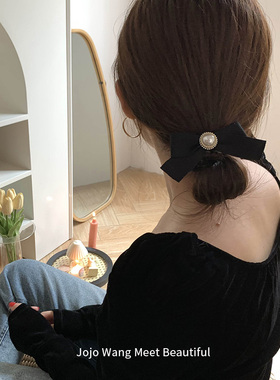 会是使用率高的蝴蝶结珍珠发圈~皮筋发绳头绳短发ins黑色头饰法式