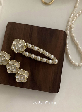 粉质地~微光山茶花发夹女刘海夹后脑勺头饰发饰少女边夹顶夹珍珠