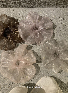 巨美玻璃纱~钉珠珍珠气质发圈女