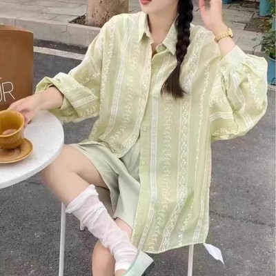 2025新款港风格子衬衫外套宽松款开衫上衣雪纺夏季防晒开衫L