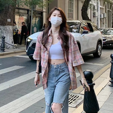 2025年新款短袖格子衬衫外套女夏季韩系上衣女设计感小众防晒衬衣